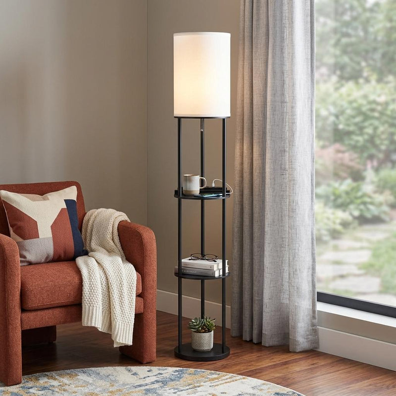 67" Black Metal Column Floor Lamp With White Linen Shade - Lighting