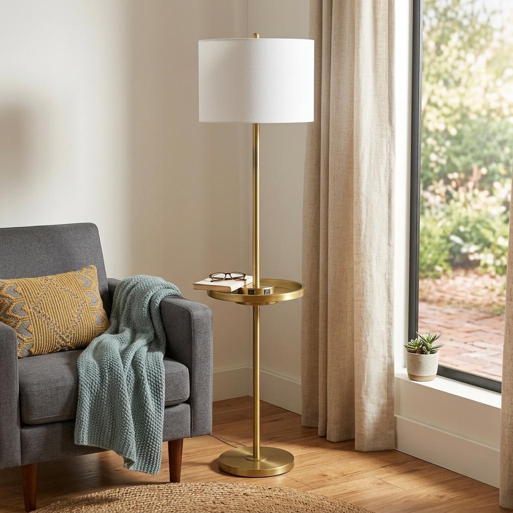 62" Brass Tray Table Floor Lamp With White Square Shade - Lighting