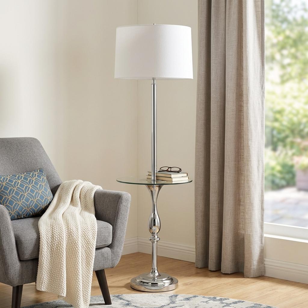 61" Chrome Tray Table Floor Lamp With White Transparent Glass Square Shade - Lighting