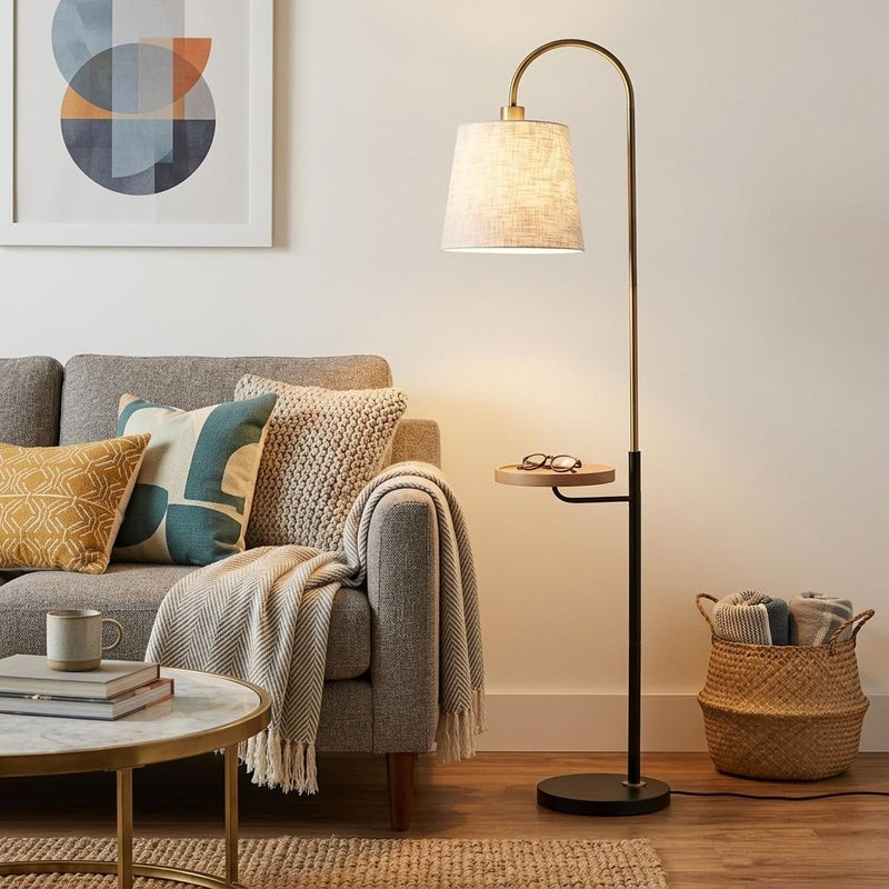 65" Black And Brass Tray Table USB Floor Lamp With Wood Shelf - Lighting