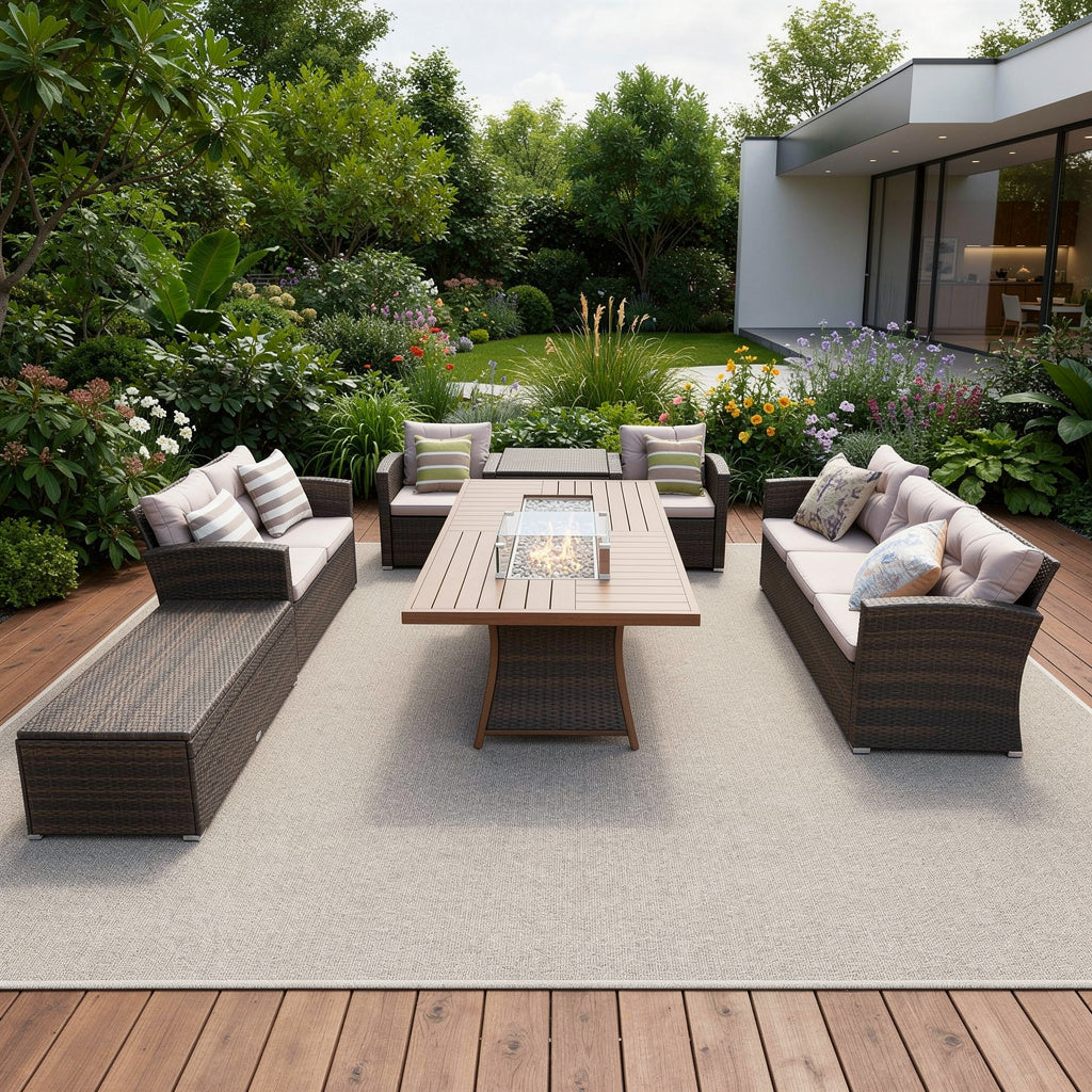 Seven Piece Brown and Gray Wicker Sectional Seating Group With Fire Pit And Table - Outdoor