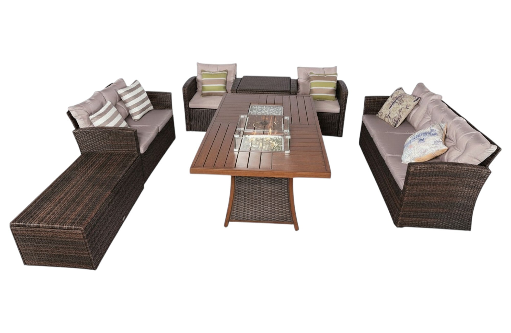 Seven Piece Brown and Gray Wicker Sectional Seating Group With Fire Pit And Table - Outdoor