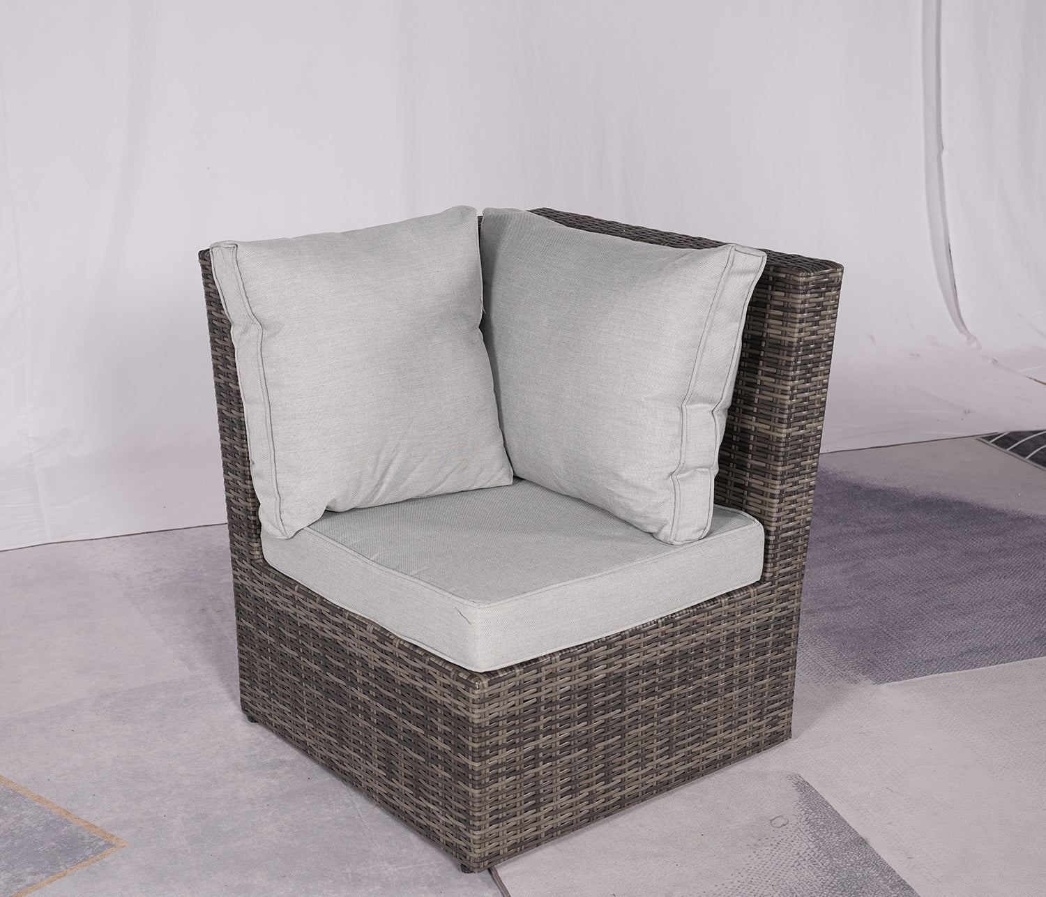 Seven Piece Gray Wicker Upholstered Cushions Sectional Seating Group With Fire Pit And Table - Outdoor