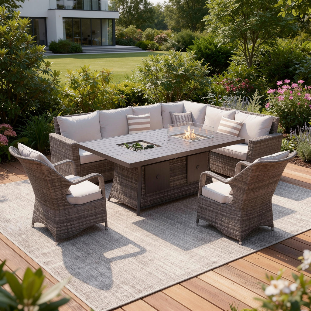 Seven Piece Gray Wicker Upholstered Cushions Sectional Seating Group With Fire Pit And Table - Outdoor
