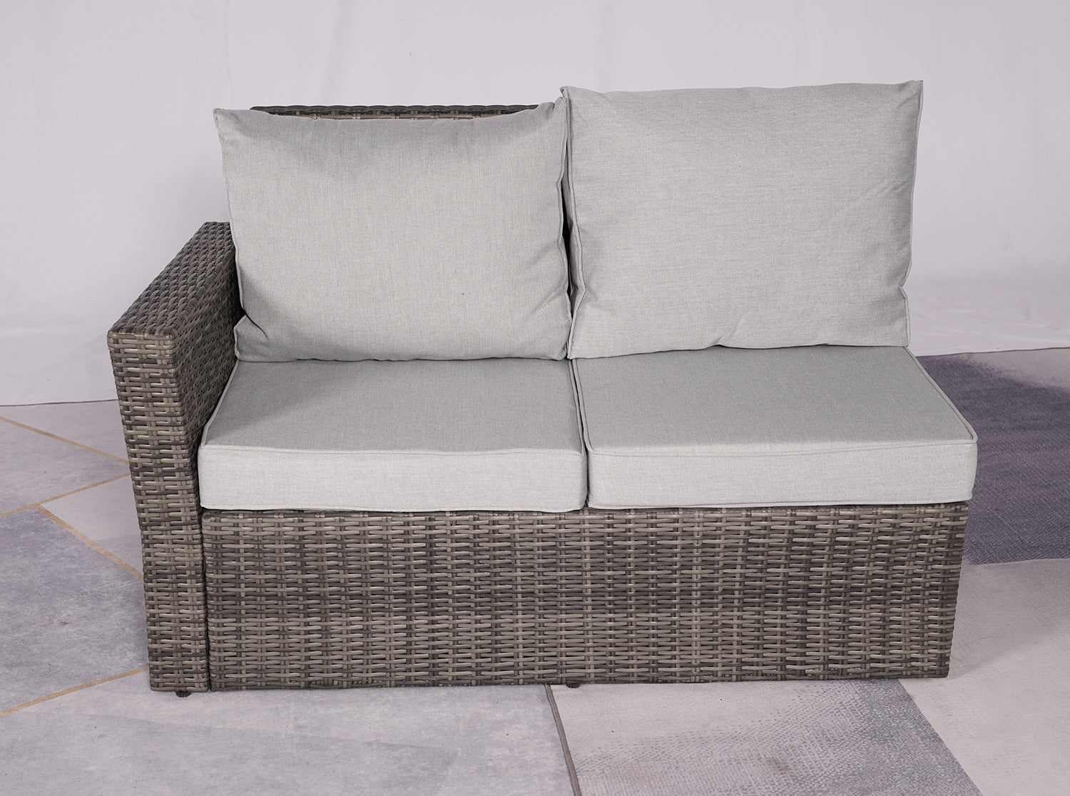 Seven Piece Gray Wicker Upholstered Cushions Sectional Seating Group With Fire Pit And Table - Outdoor