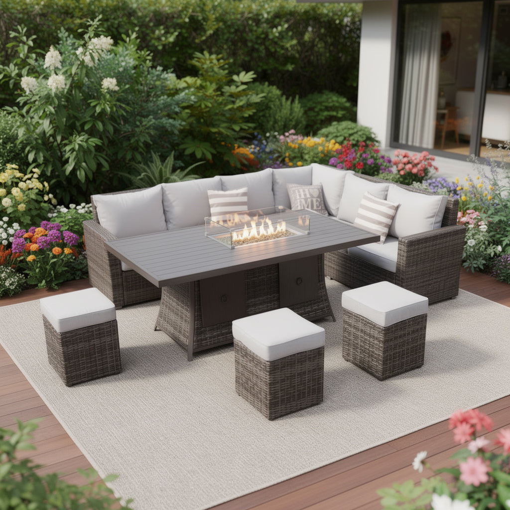 Eight Piece Gray Wicker Upholstered Cushions Sectional Seating Group With Fire Pit And Table - Outdoor