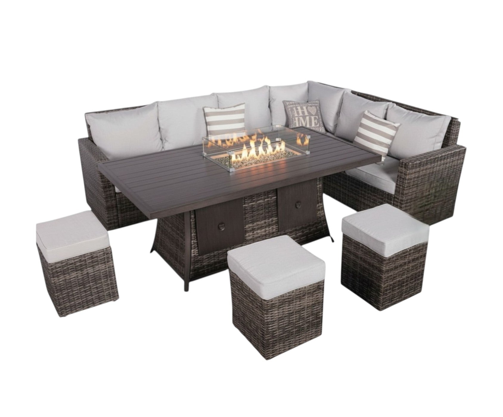Eight Piece Gray Wicker Upholstered Cushions Sectional Seating Group With Fire Pit And Table - Outdoor