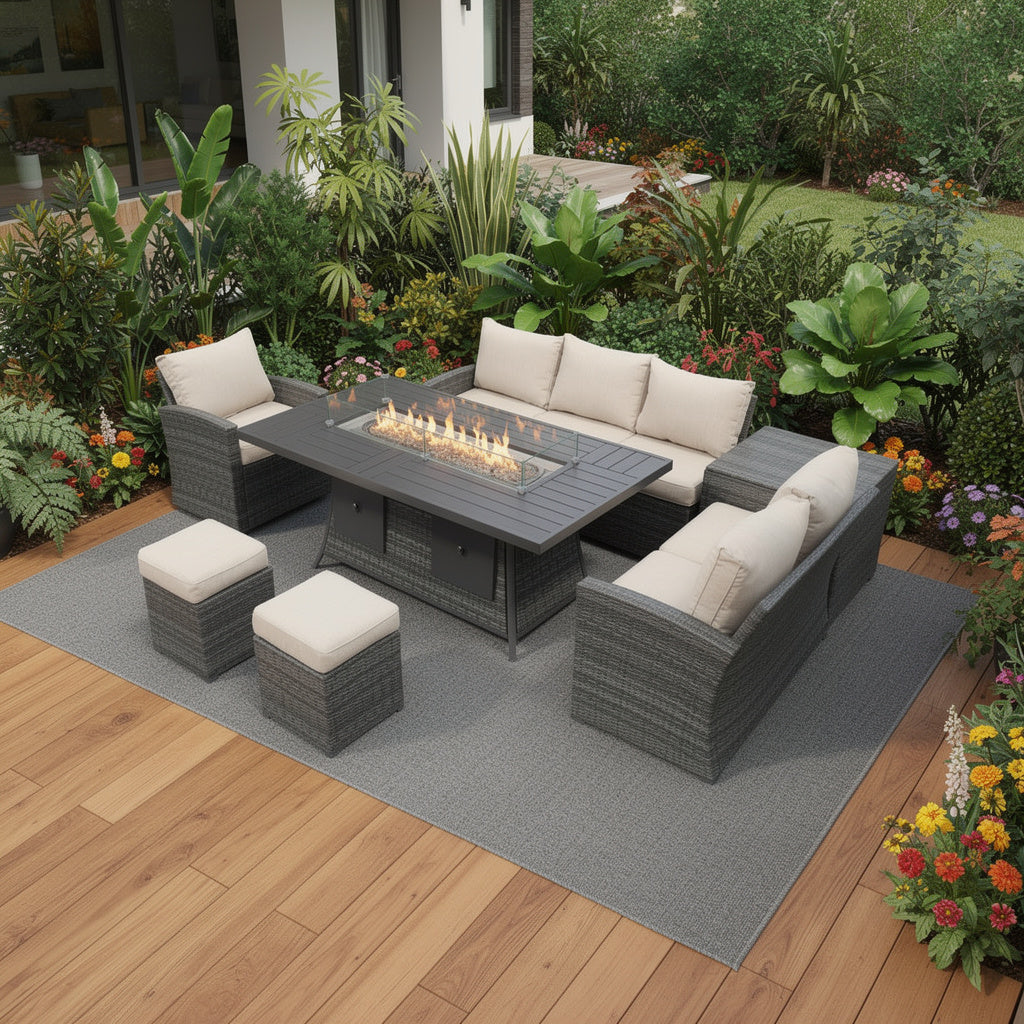 Seven Piece Brown Wicker Upholstered Cushions Sectional Seating Group With Fire Pit And Table - Outdoor