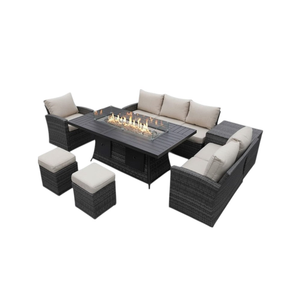 Seven Piece Brown Wicker Upholstered Cushions Sectional Seating Group With Fire Pit And Table - Outdoor