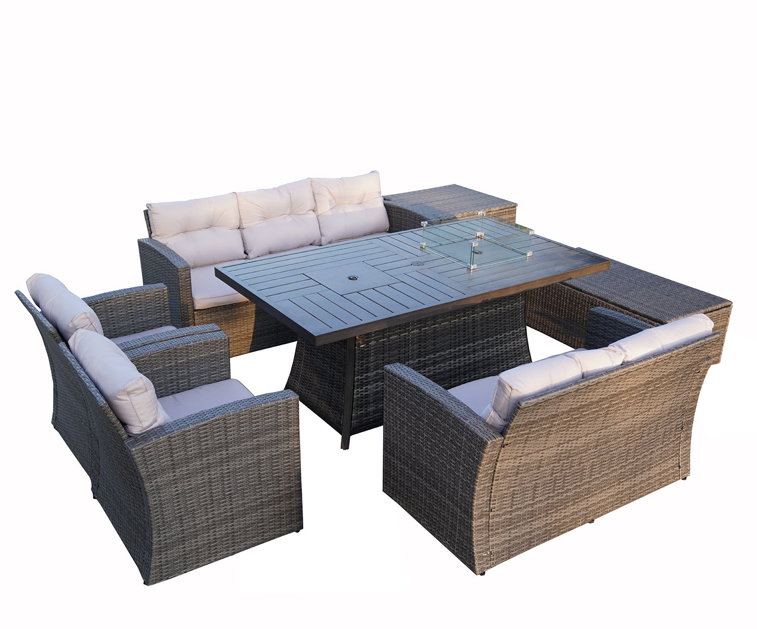 Seven Piece Gray Wicker Upholstered Cushions Sectional Seating Group With Fire Pit And Table - Outdoor