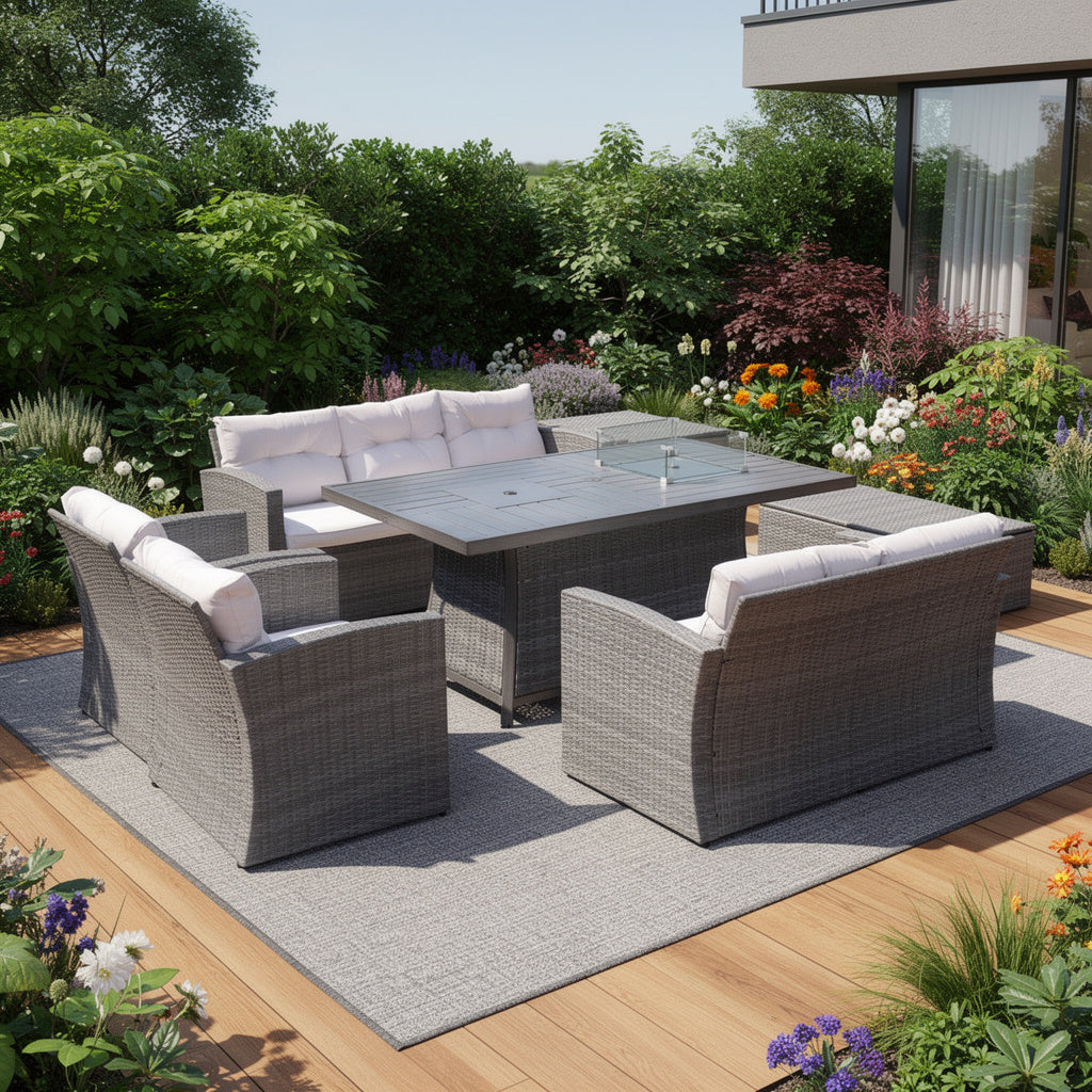 Seven Piece Gray Wicker Upholstered Cushions Sectional Seating Group With Fire Pit And Table - Outdoor