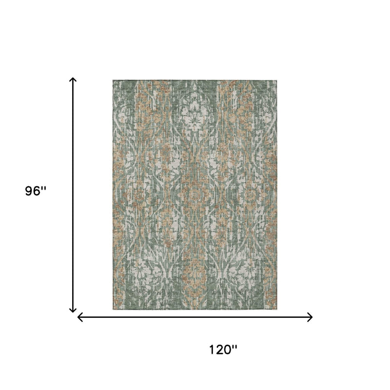 Green and sage damask area rug size 8 x 10 ft, rectangular with border pattern.