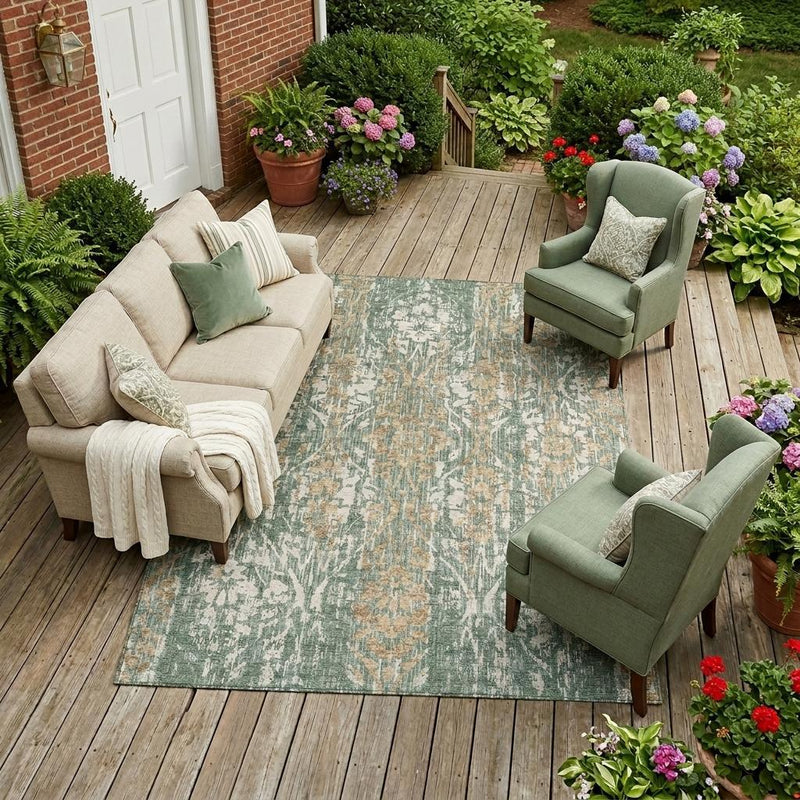 Outdoor living space with green and sage damask area rug featuring ornate distressed motif.