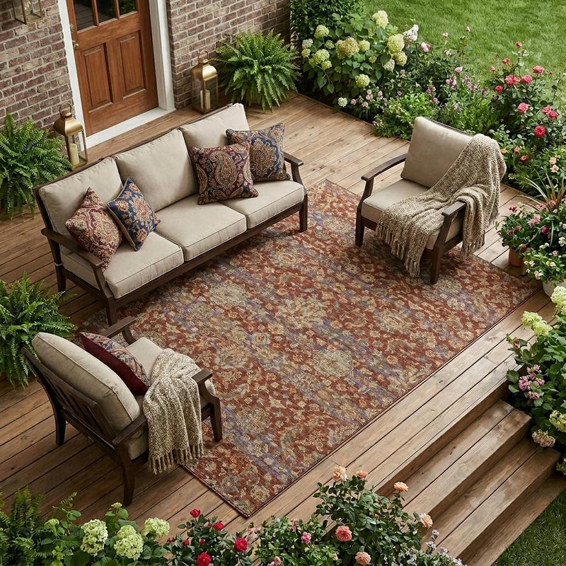 Burgundy, blue, and beige floral medallion outdoor area rug on wooden patio