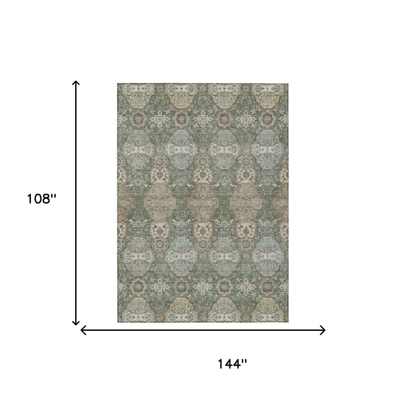 Green and silver floral geometric area rug, rectangular 144 in by 108 in