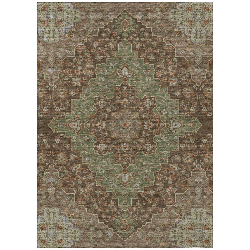 Rectangular chocolate and olive medallion area rug with repeating corner motifs