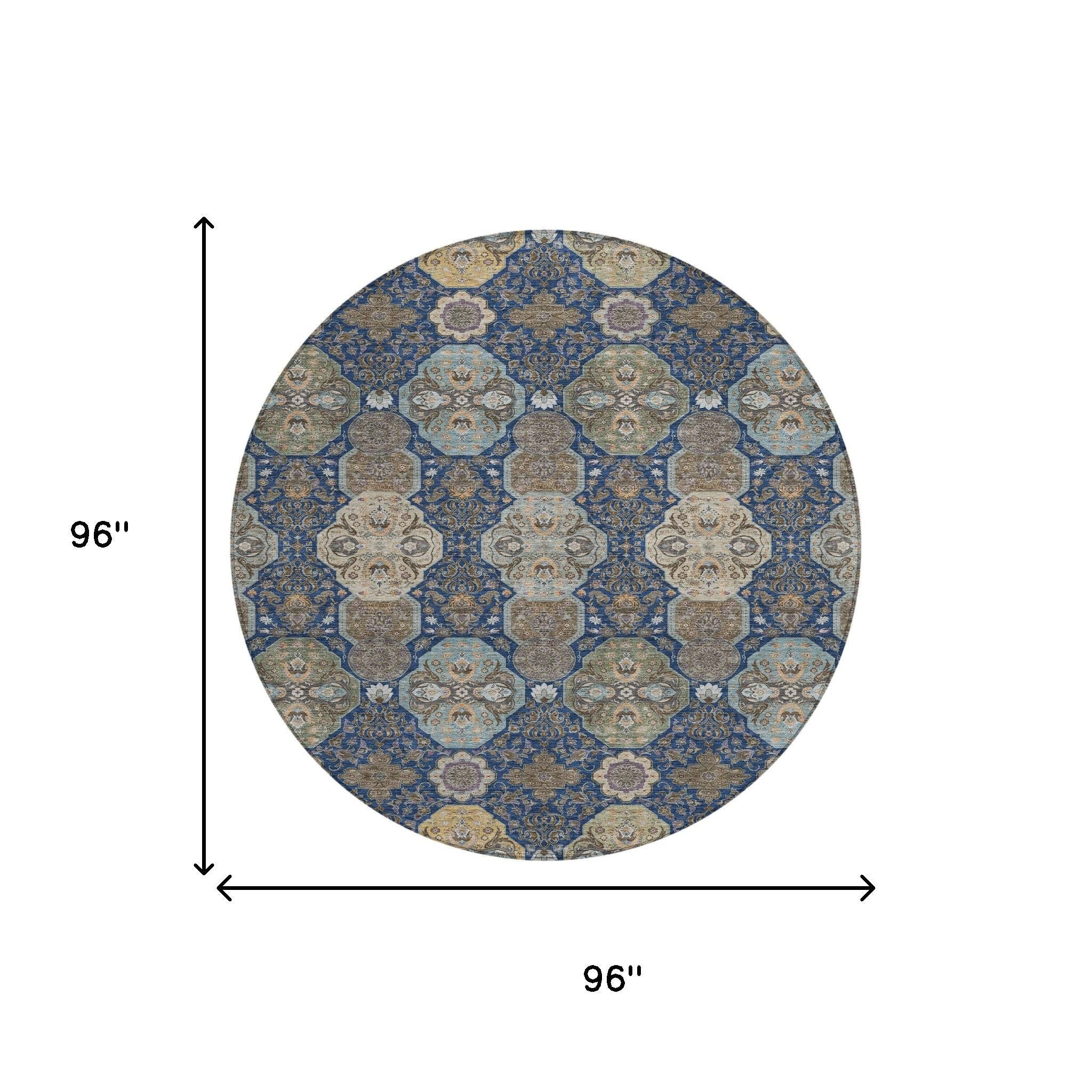 8' Navy Blue And Gray Round Floral Washable Indoor Outdoor Area Rug - Sports & Outdoor