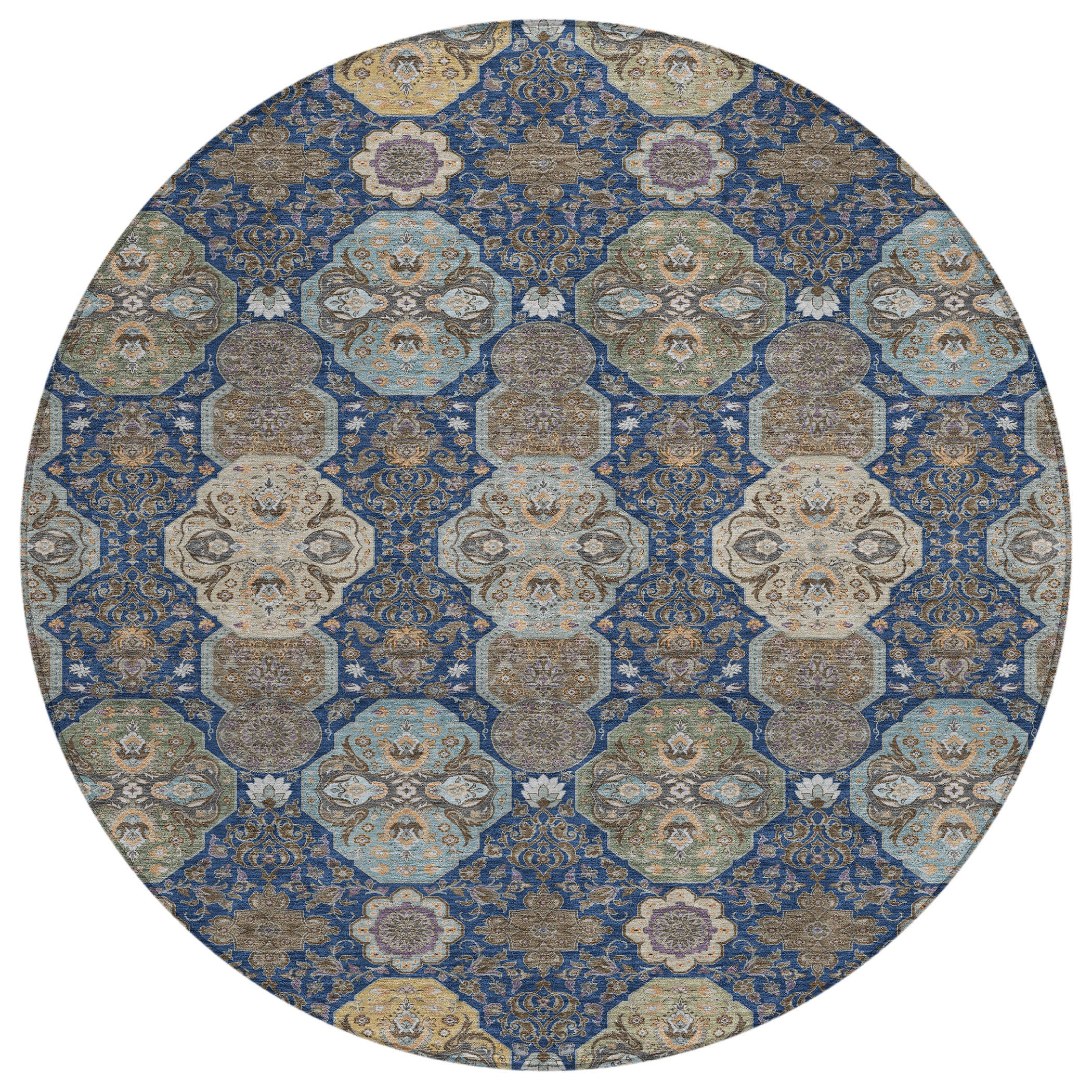 8' Navy Blue And Gray Round Floral Washable Indoor Outdoor Area Rug - Sports & Outdoor