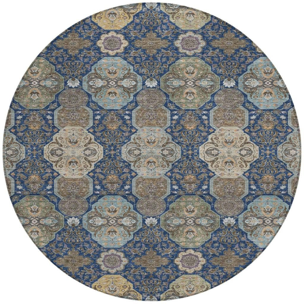 8' Navy Blue And Gray Round Floral Washable Indoor Outdoor Area Rug - Sports & Outdoor