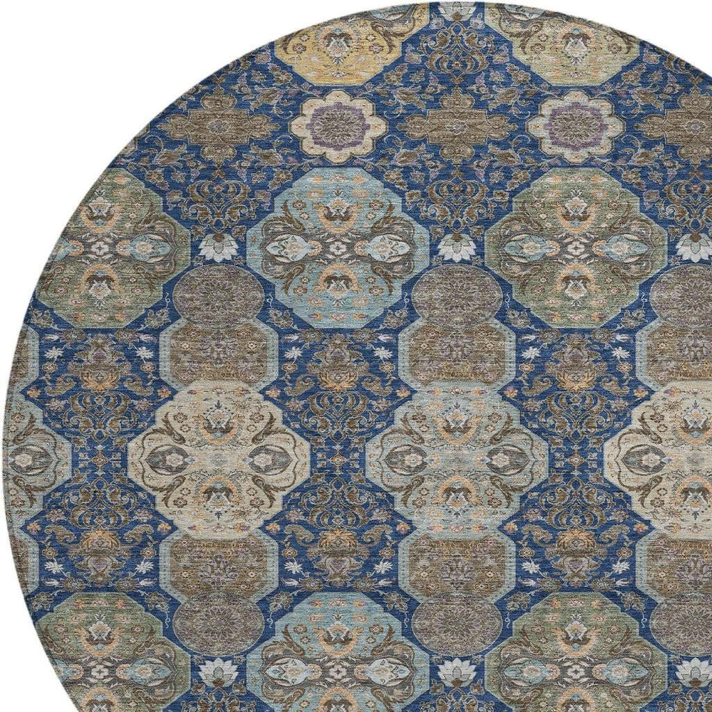 8' Navy Blue And Gray Round Floral Washable Indoor Outdoor Area Rug - Sports & Outdoor