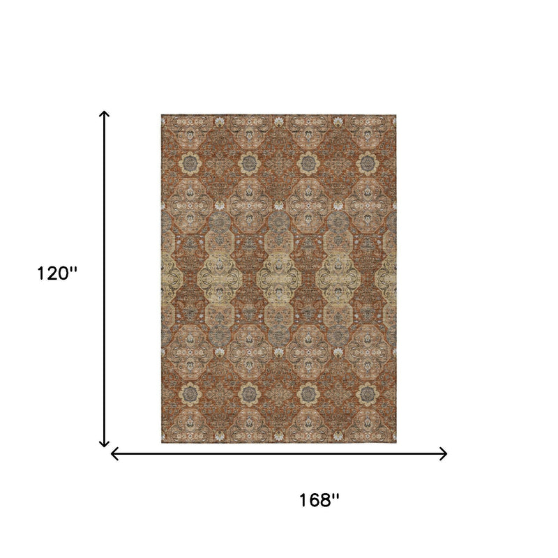 Orange and copper floral area rug, 168 in by 120 in medallion pattern