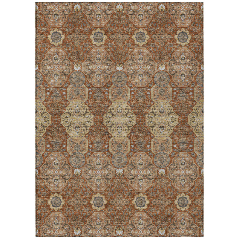 Orange and copper floral area rug with dense medallion motifs and beige border