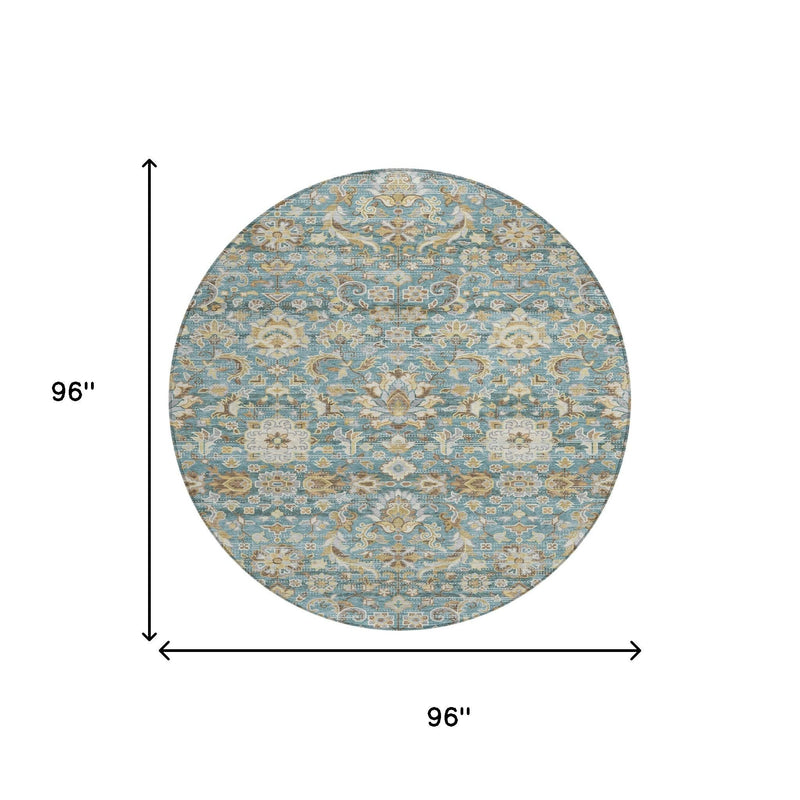 Round area rug with teal blue and beige repeating medallion floral pattern, shown with size