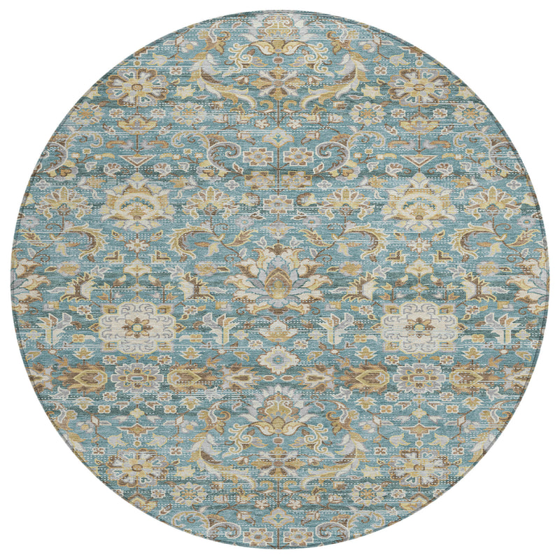 Round area rug in teal blue with beige and brown detailed medallion floral pattern