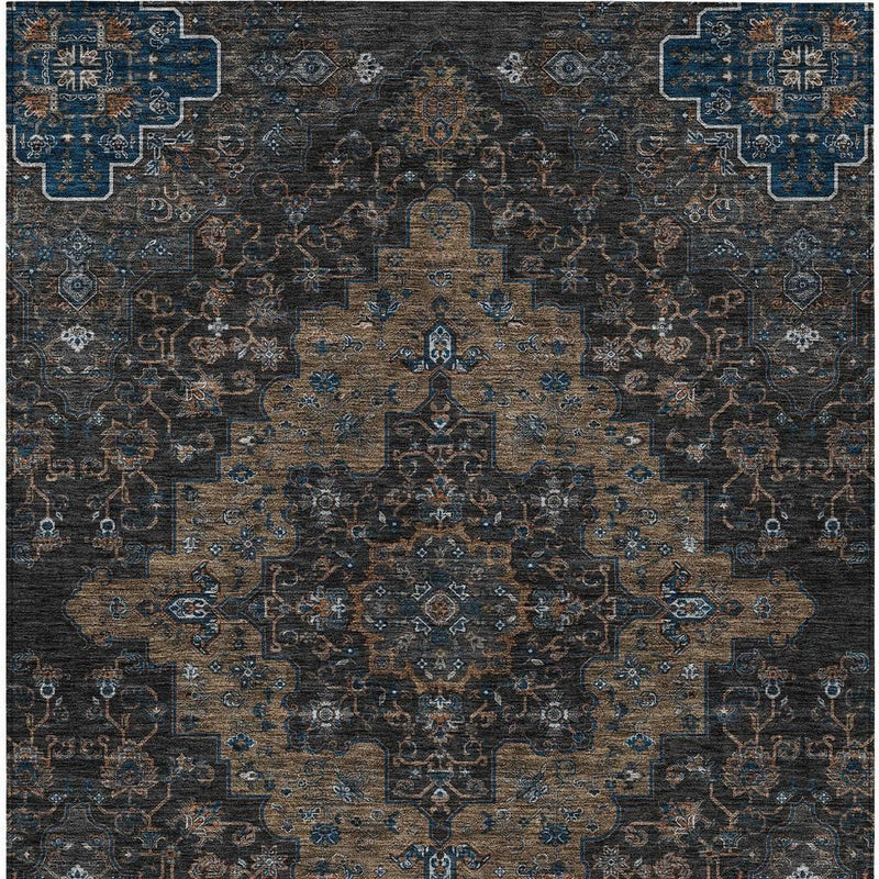 Medallion area rug close-up showing dark base with blue border details and tan center