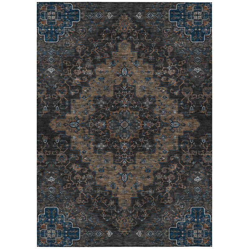 Front view of medallion area rug in dark blue and black with tan floral accents