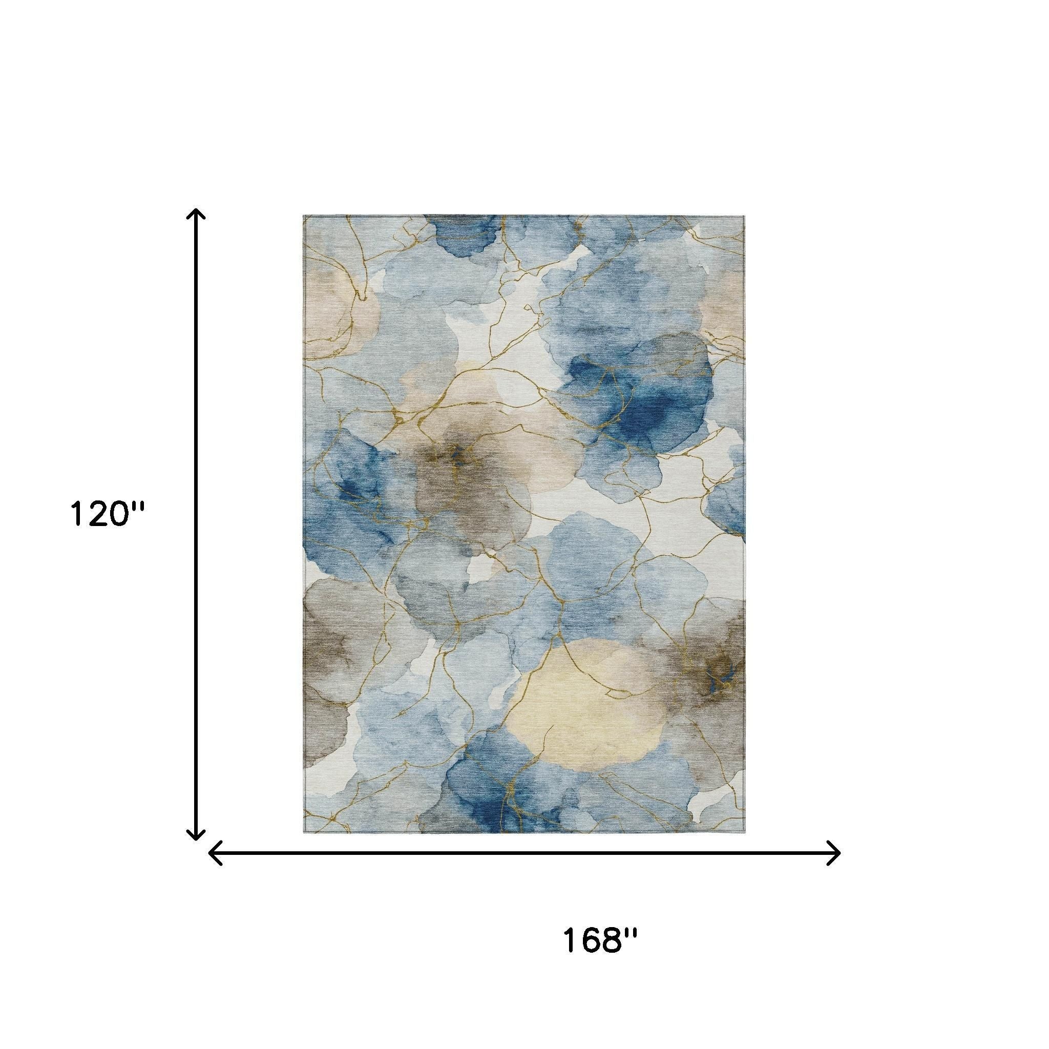 Blue and beige floral area rug with gold accents, 10x14 feet, soft polyester, modern abstract design.