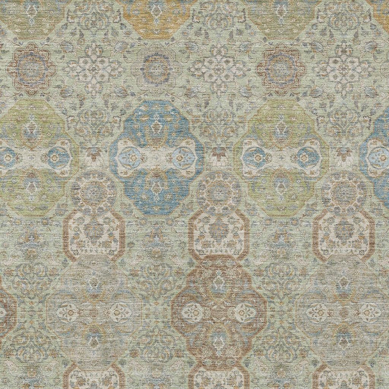 Sage and green floral area rug close-up repeating medallion and border motifs