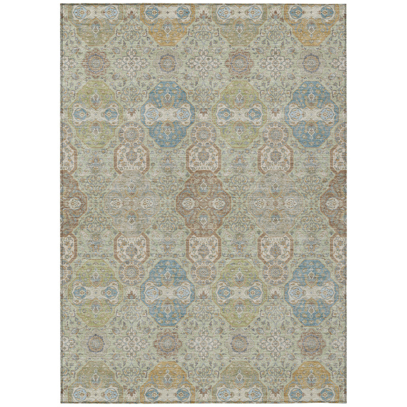 Rectangular sage and green floral area rug with distressed medallion pattern