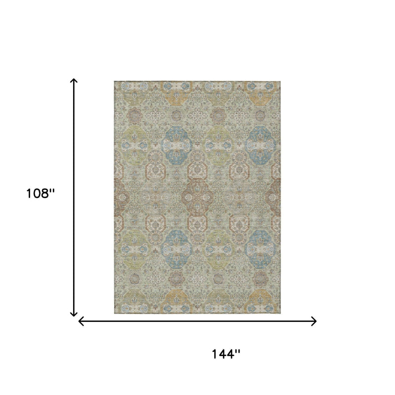 Sage and green floral area rug, 108 in x 144 in, distressed medallion pattern