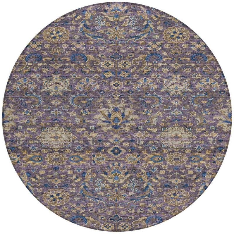 Round rug with central medallion and ornate blue and purple floral motifs