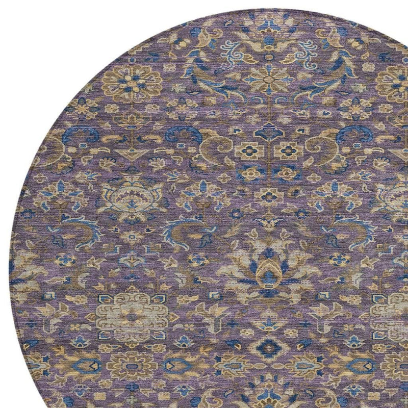 Close-up of round rug with dense blue and purple ornamental floral pattern
