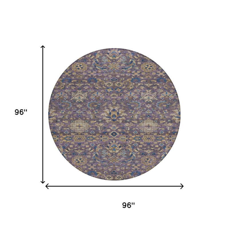 96-inch round area rug with blue and purple floral medallion pattern
