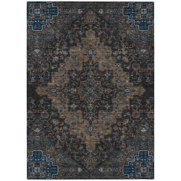 Indoor outdoor area rug with dark charcoal and blue medallion pattern and brown accents