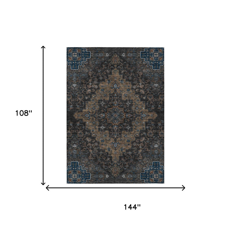 Black and brown indoor outdoor area rug showing 9 ft by 12 ft rectangular size