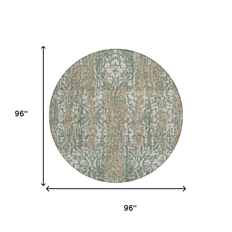 96 in round damask area rug in sage green with beige and tan botanical motif