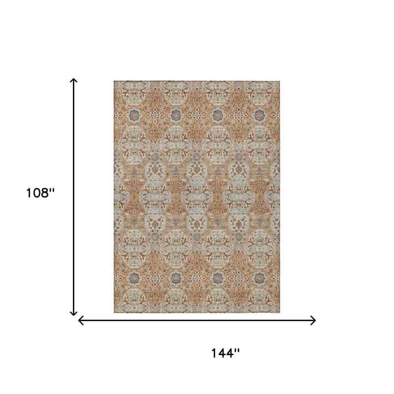 Copper floral medallion area rug with dimensions 144 in by 108 in.