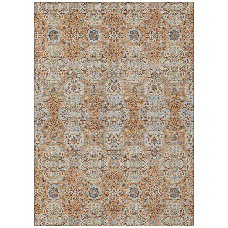 Copper floral medallion area rug with light blue-gray and cream details.