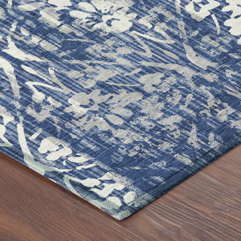 Round rug corner with blue-and-white damask weave texture