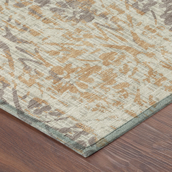 Beige and copper damask washable indoor outdoor area rug, corner view with muted gray pattern