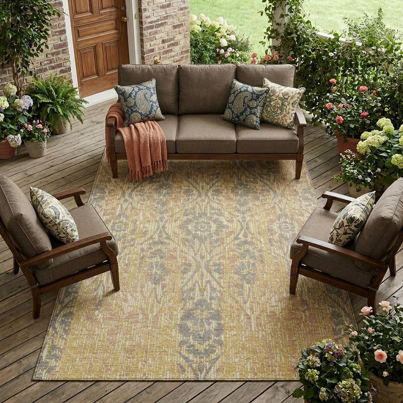 Gold and gray damask area rug with ornate ornamental motif