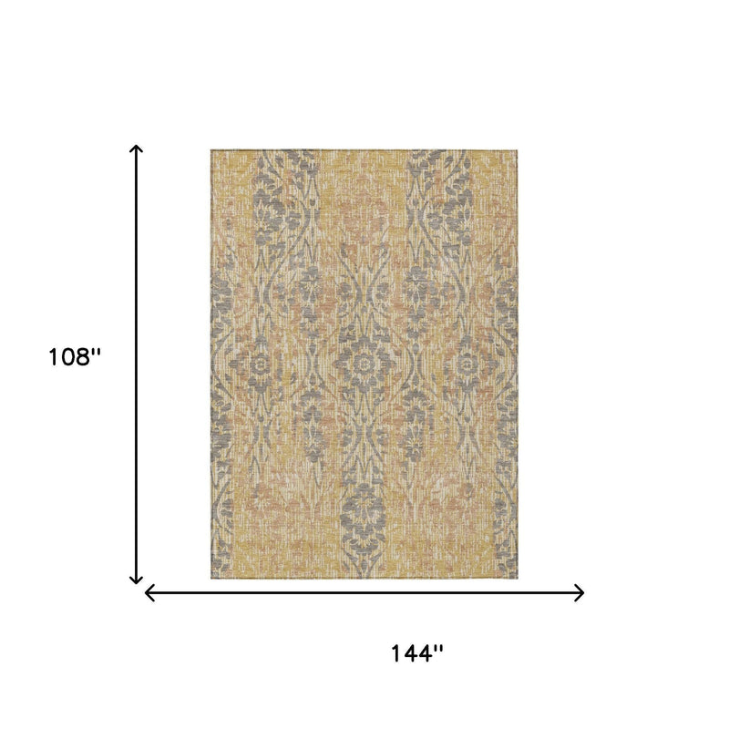 Gold and gray damask area rug with repeating ornate pattern, flat-woven rectangle