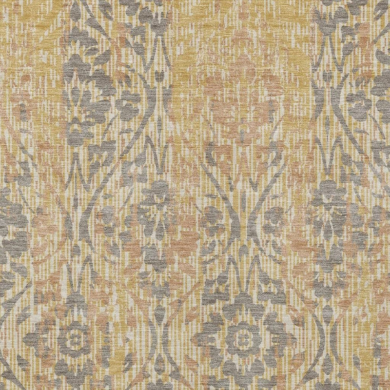 Close-up of gold and gray damask rug pattern with vine and floral motifs