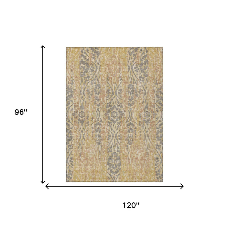 Rectangular gold and tan damask area rug, size shown as 8 ft x 10 ft