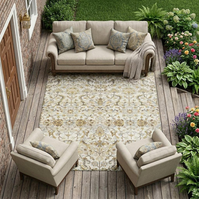 Ivory and beige floral medallion area rug on an outdoor deck