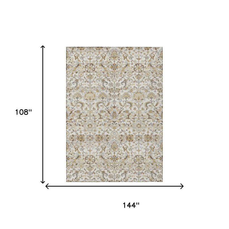 Ivory and beige floral medallion area rug, 144 in x 108 in, washable indoor/outdoor